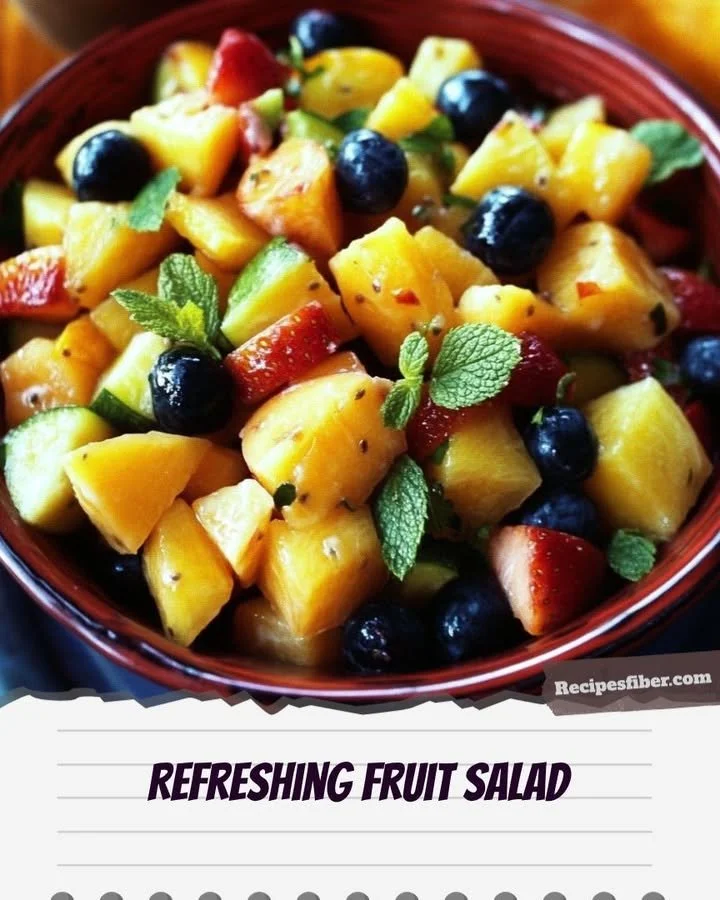 Colorful and fresh fruit salad featuring various fruits in a bowl