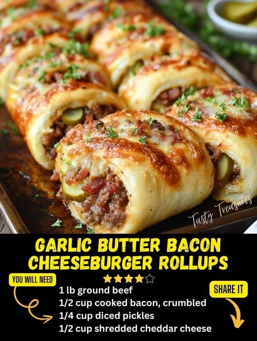 Delicious Garlic Butter Bacon Cheeseburger Rollups on a plate.