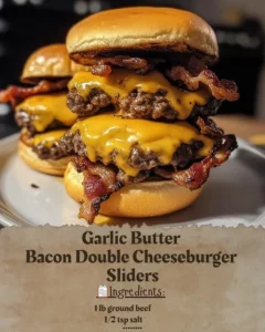 Garlic butter bacon double cheeseburger sliders served on a platter