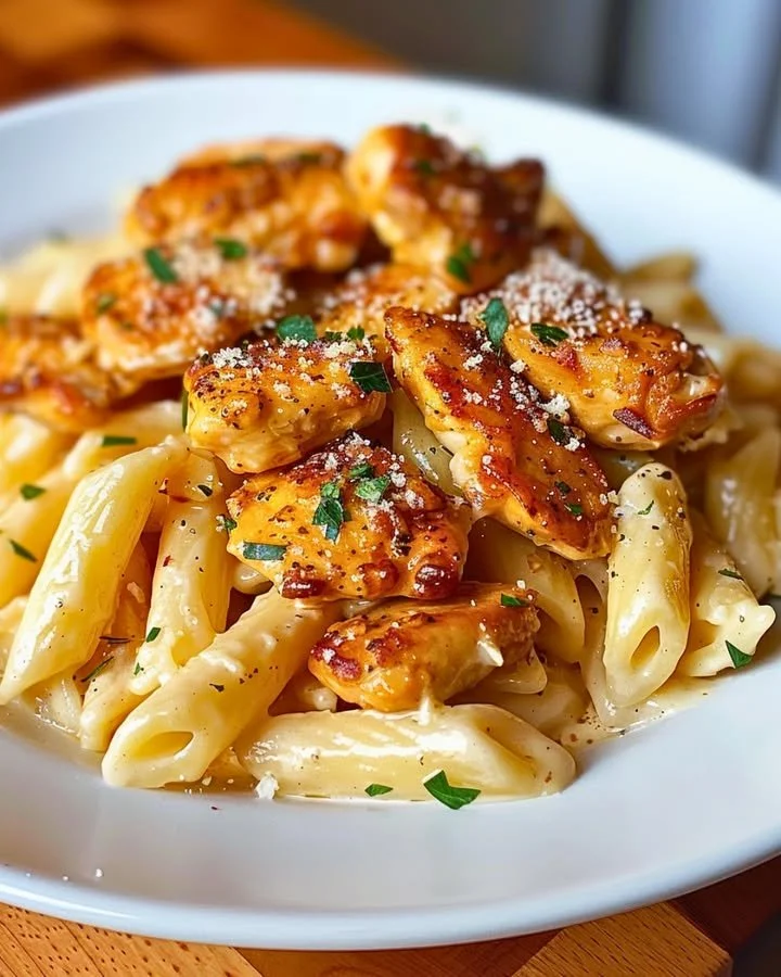 Garlic Butter Chicken Bites served with penne and cheese in a delicious dish
