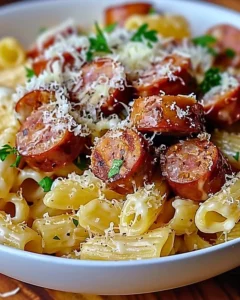 Delicious garlic butter sausage bites served with creamy parmesan pasta