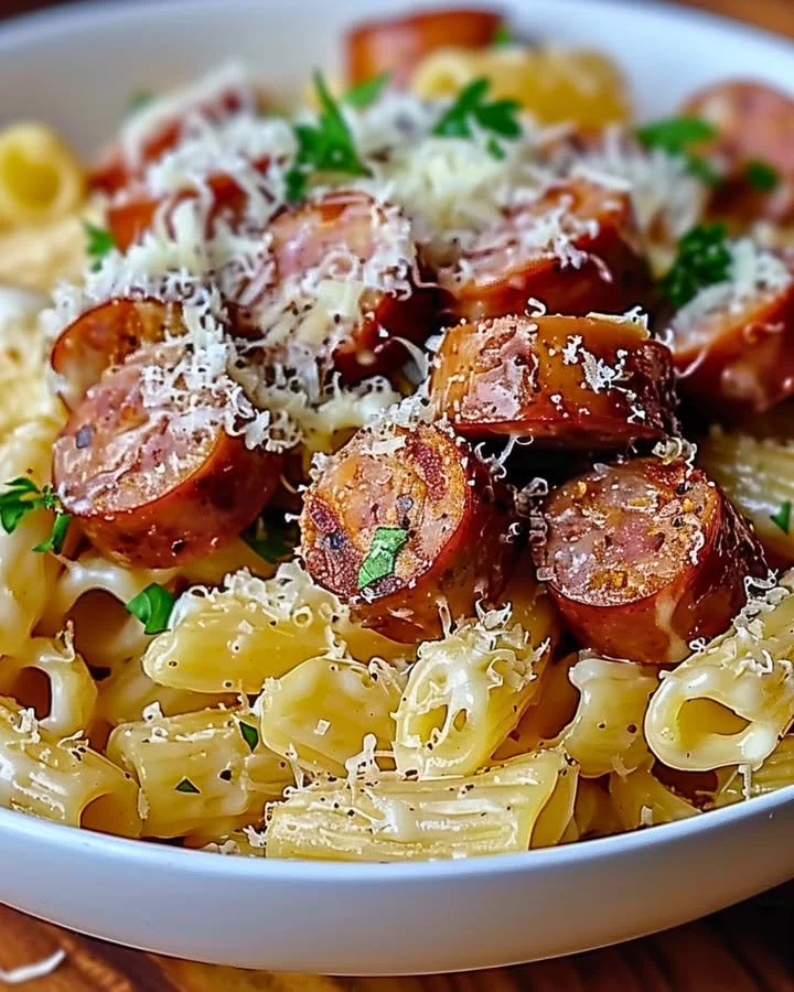 Delicious garlic butter sausage bites served with creamy parmesan pasta