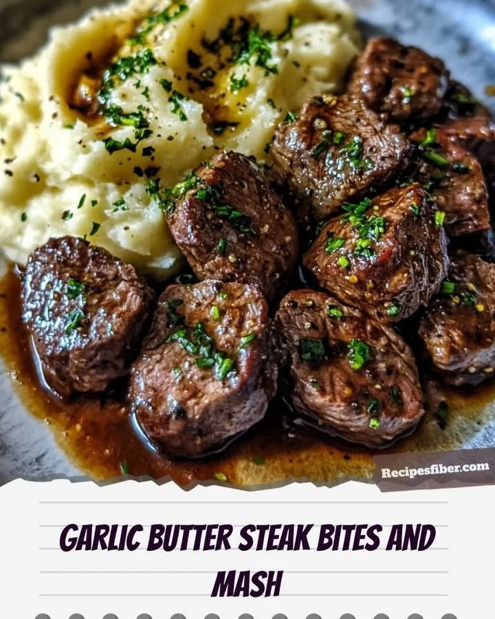 Delicious garlic butter steak bites served with creamy mashed potatoes.