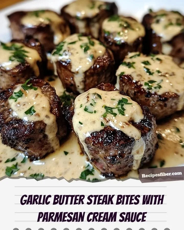 Garlic Butter Steak Bites served with creamy Parmesan sauce on a plate