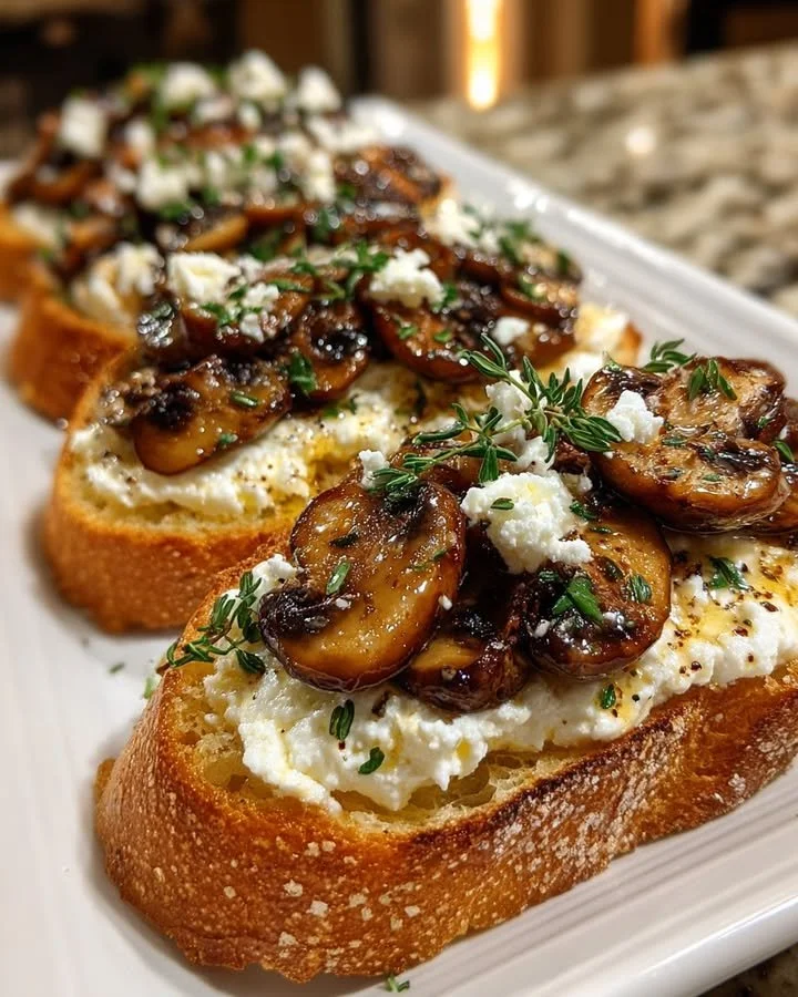 Garlic butter toasts topped with whipped brie, honeyed mushrooms, and thyme