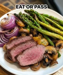 Garlic Herb Prime Rib plate with roasted asparagus, mushrooms, and red onion