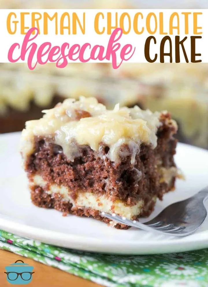 Delicious German chocolate cheesecake cake with chocolate and coconut toppings.
