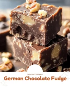 Deliciously rich German Chocolate Fudge topped with nuts and coconut.