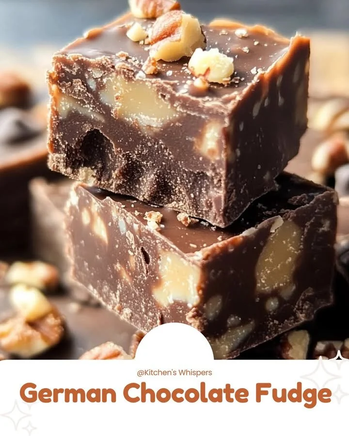 Deliciously rich German Chocolate Fudge topped with nuts and coconut.