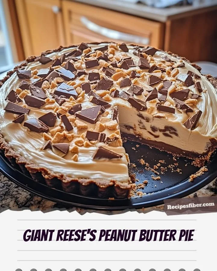 Giant Reese's Peanut Butter Pie topped with chocolate and peanut butter.