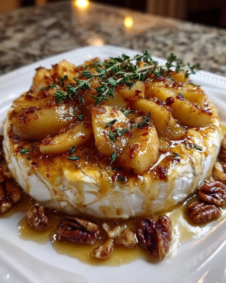 Golden Baked Brie topped with Caramelized Apples and Thyme
