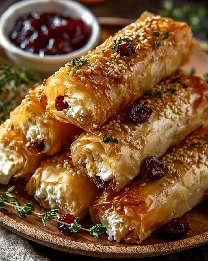 Golden baked feta rolls with sweet cranberry honey on a serving plate.