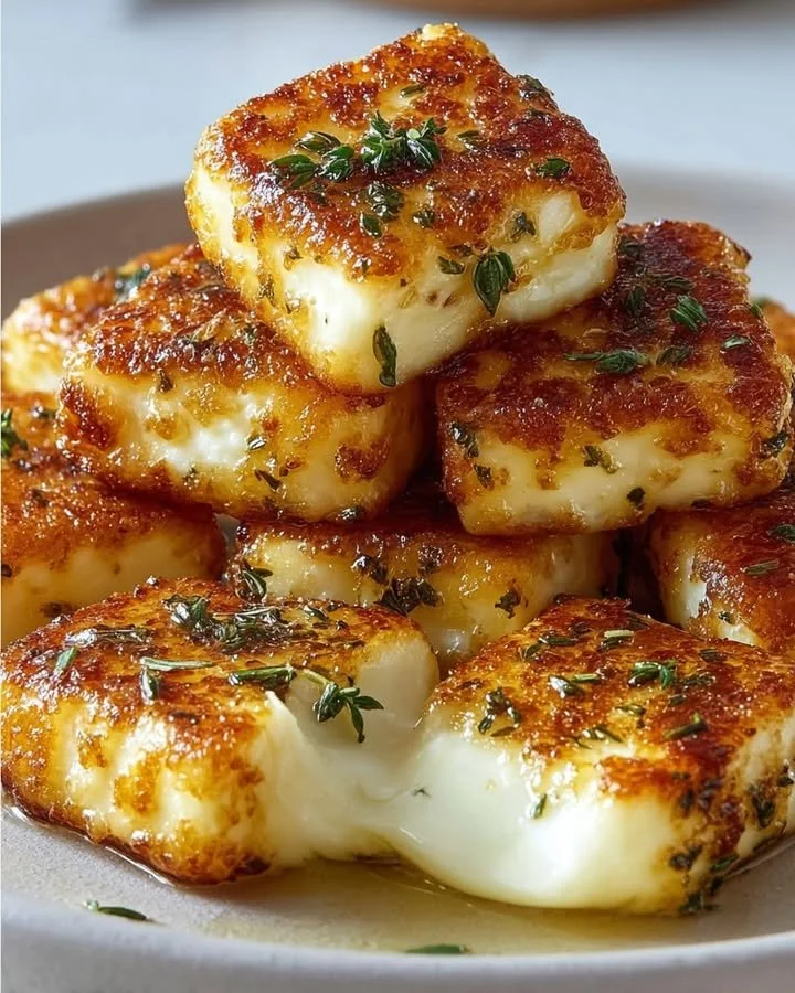 Golden herb-crusted halloumi bites served on a white plate with herbs