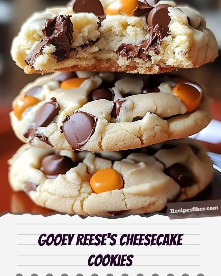 Gooey Reese's cheesecake cookies topped with chocolate and peanut butter swirls.