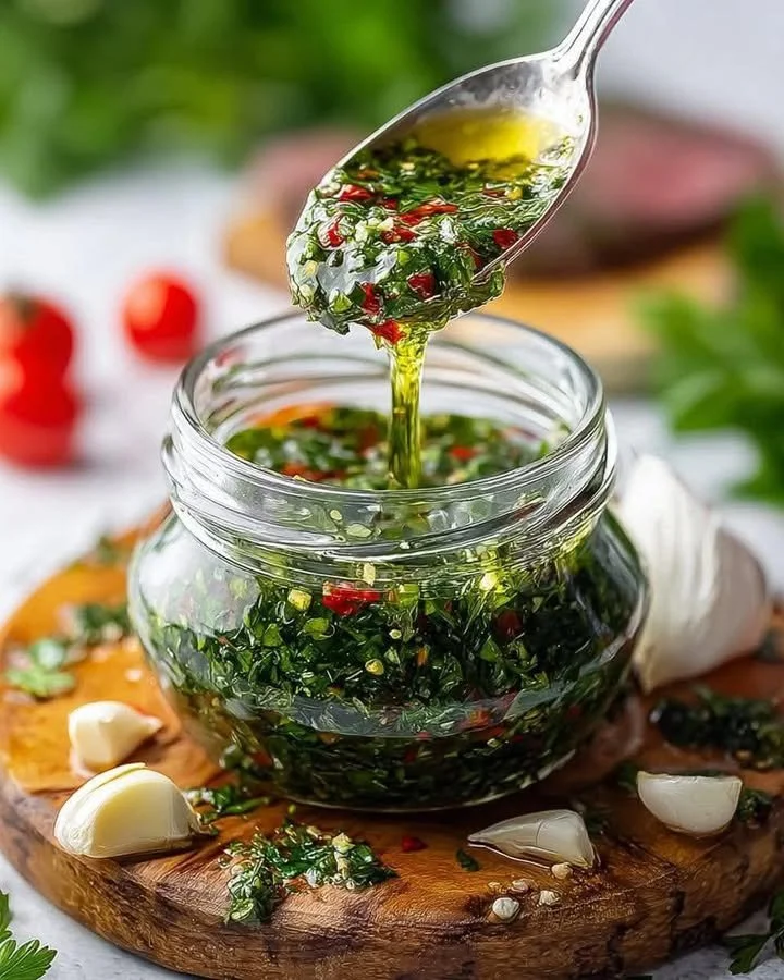 Delicious green gold chimichurri sauce in a small bowl with fresh herbs.