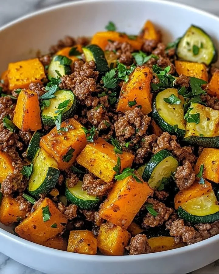 Ground beef skillet with sweet potatoes and zucchini cooked in a pan.