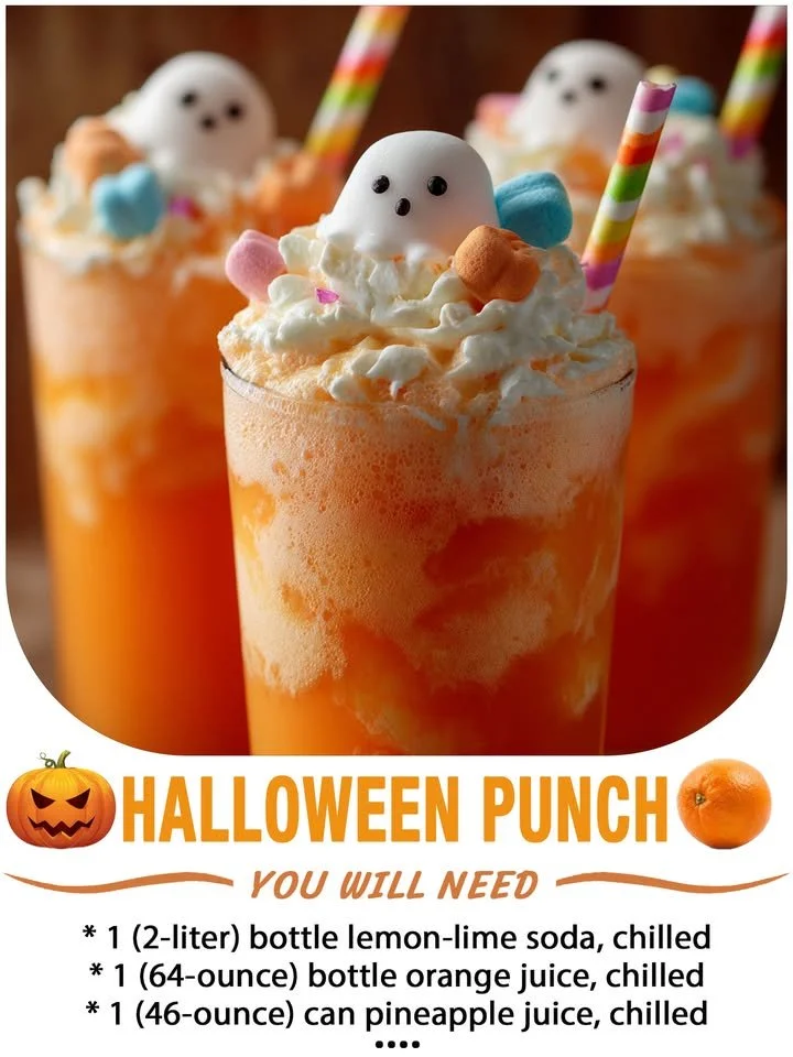 Glass of vibrant Halloween Punch with spooky decorations