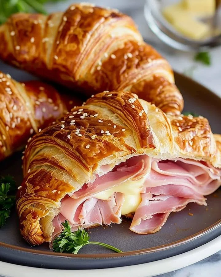 Ham and Cheese Croissant on a plate, showing flaky pastry and melted cheese