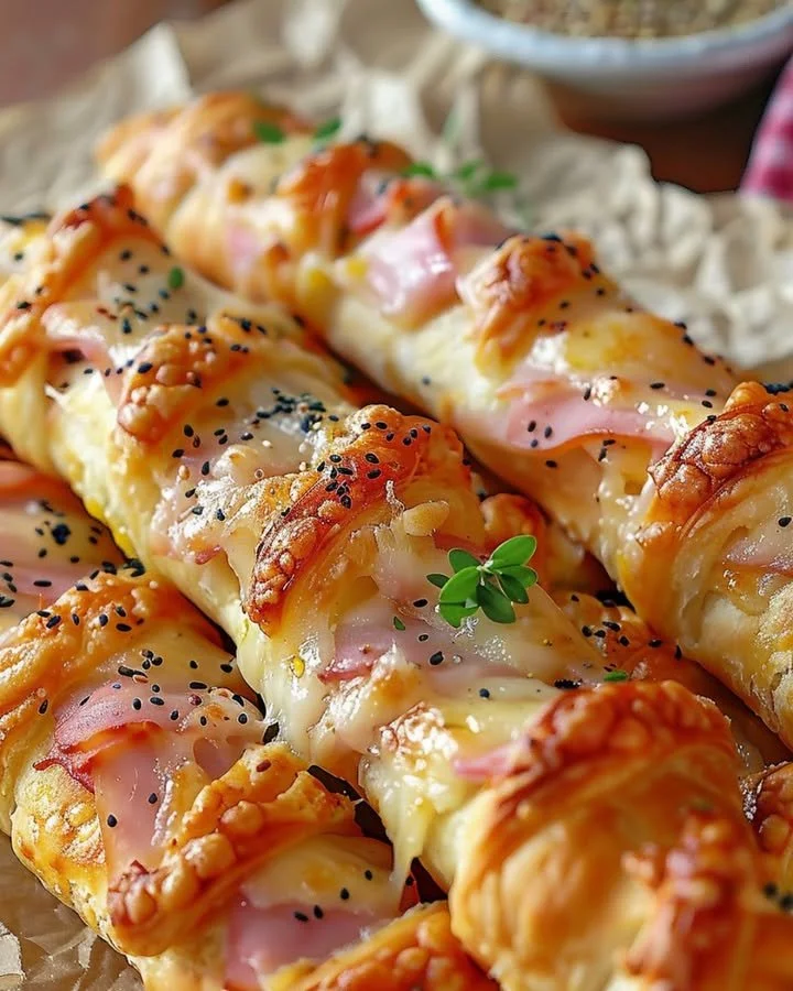 Delicious ham and cheese puff pastry bites ready for serving