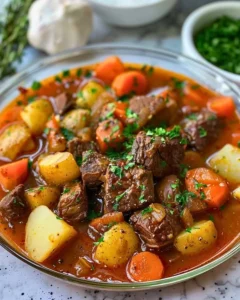 Delicious hearty beef and potatoes dish on a rustic plate