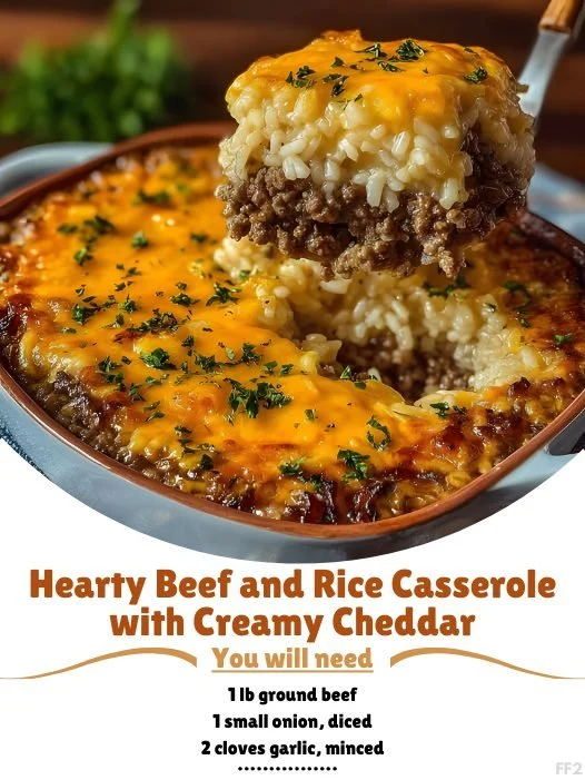 Hearty beef and rice casserole topped with creamy cheddar cheese
