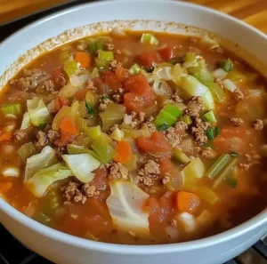 Bowl of hearty cabbage soup packed with vegetables and rich flavors