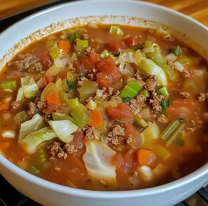 Bowl of hearty cabbage soup packed with vegetables and rich flavors