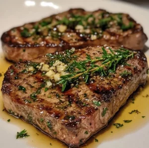 Juicy Herb-Butter Steak garnished with fresh herbs on a plate.