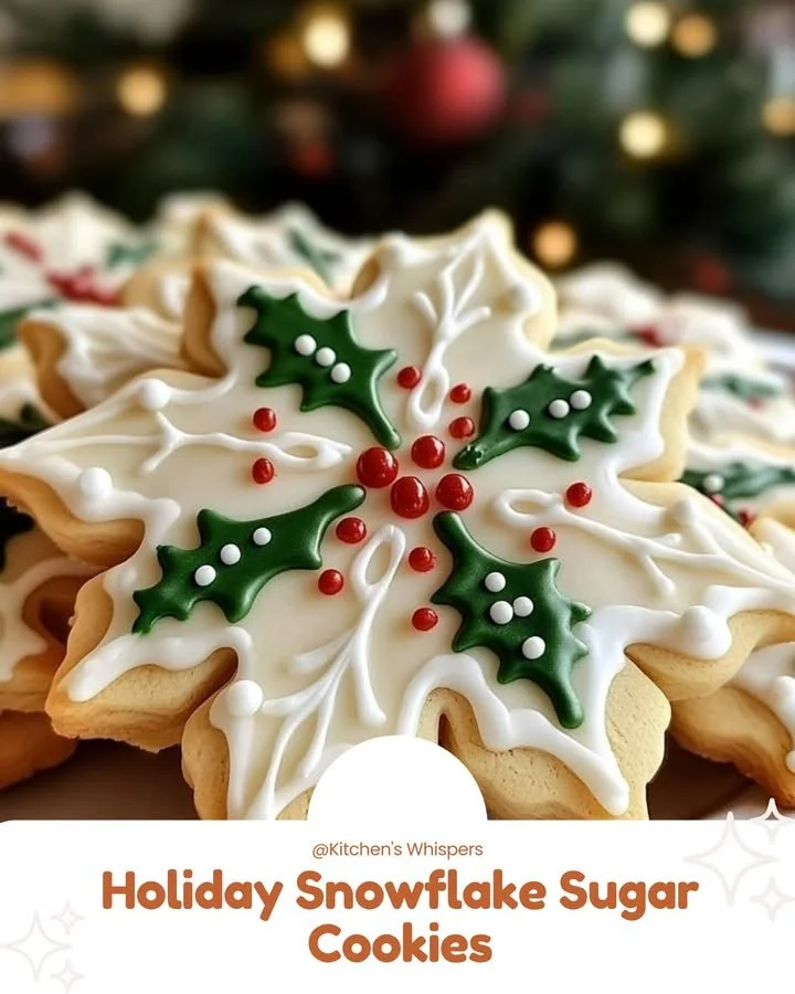 Festive holiday snowflake sugar cookies decorated with icing and sprinkles.