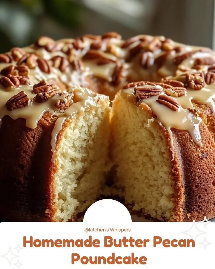 Moist homemade butter pecan poundcake with a golden crust and pecan topping.