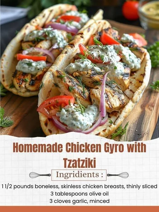 Homemade chicken gyro wrapped in pita bread with tzatziki sauce and fresh veggies