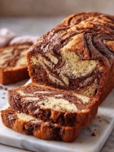 Loaf of homemade chocolate marble banana bread on a wooden cutting board.