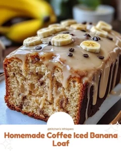Homemade coffee iced banana loaf garnished with coffee beans and sliced bananas