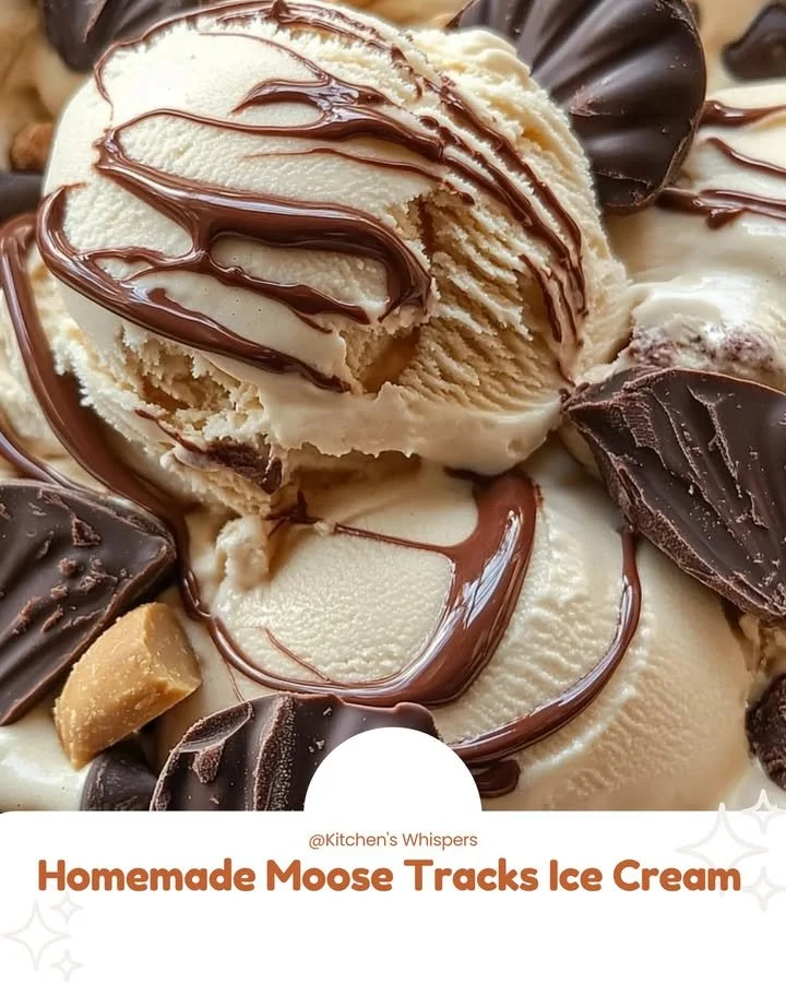 Bowl of homemade Moose Tracks ice cream with fudge and peanut butter swirls