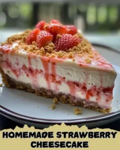 A delicious slice of homemade strawberry cheesecake topped with fresh strawberries.