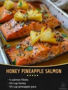 Sweet and savory Honey Pineapple Salmon dish garnished with fresh herbs