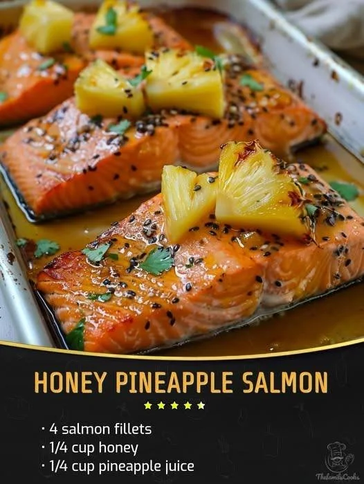 Sweet and savory Honey Pineapple Salmon dish garnished with fresh herbs