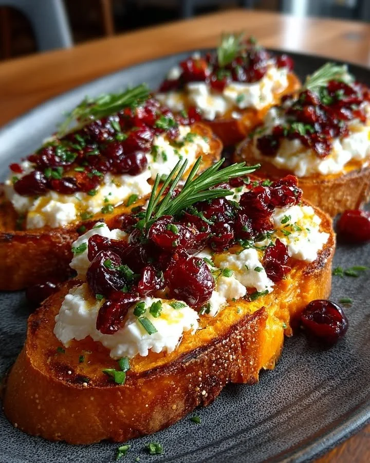 Honey-Ricotta Sweet Potato Toasts topped with cranberries on a wooden serving board