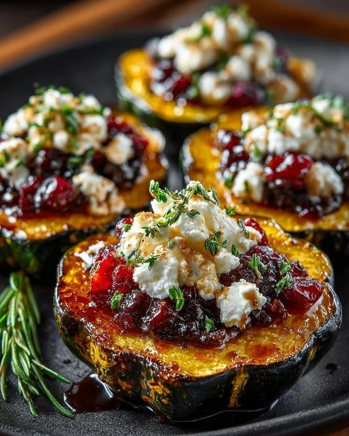 Honey-roasted acorn squash with feta and cranberry-orange glaze