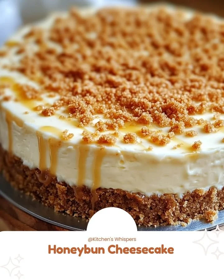 Delicious Honeybun Cheesecake topped with honey glaze and cinnamon