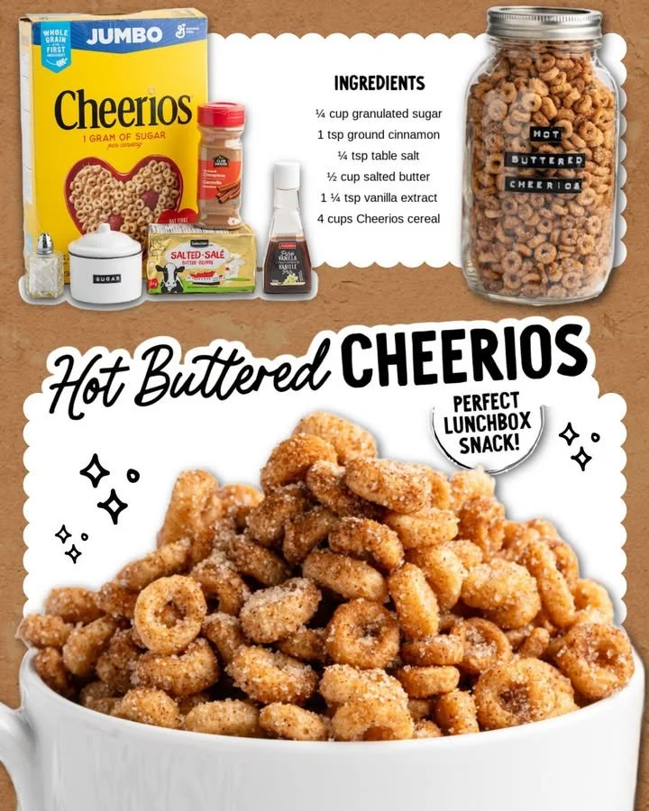A bowl of hot buttered Cheerios drizzled with melted butter, a tempting breakfast treat.