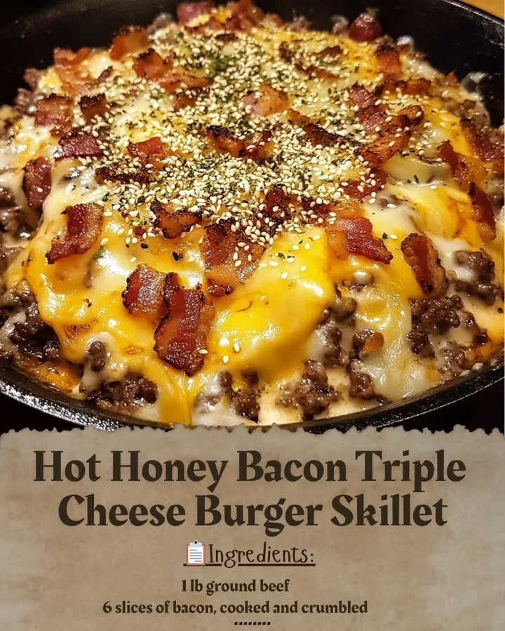 Hot Honey Bacon Triple Cheese Burger Skillet with crispy bacon and melted cheese