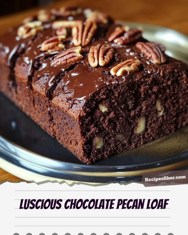 Delicious chocolate pecan loaf fresh out of the oven, garnished with pecans.