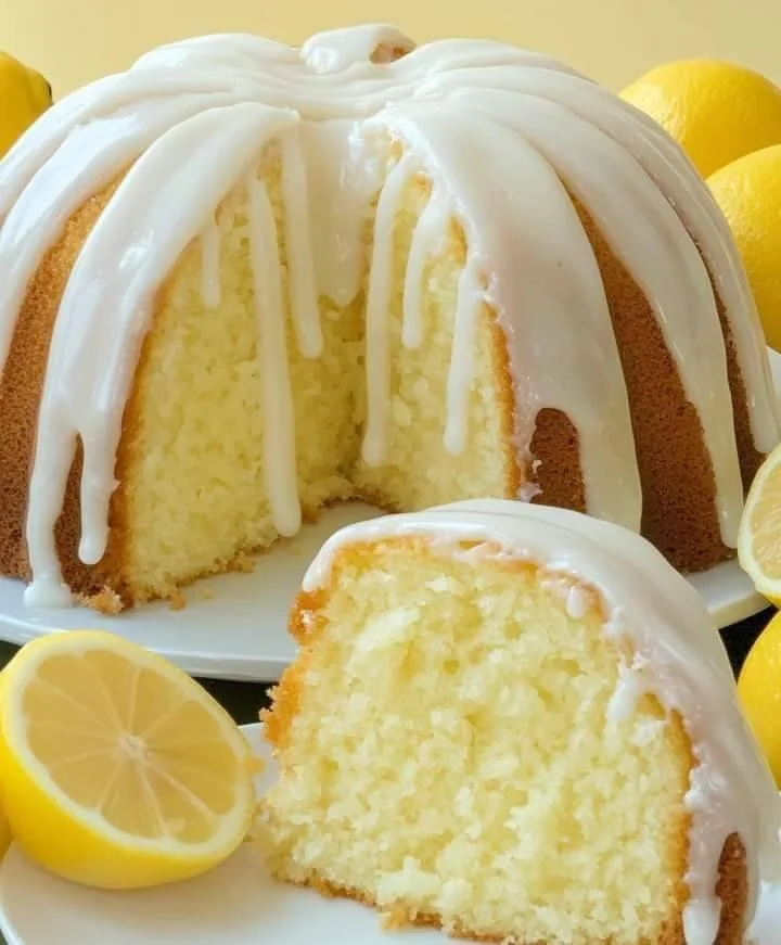 Slice of Italian lemon pound cake served on a plate with a lemon garnish