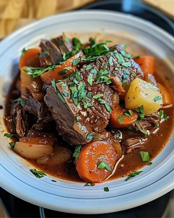 Slow cooker Italian Pot Roast served with vegetables and herbs