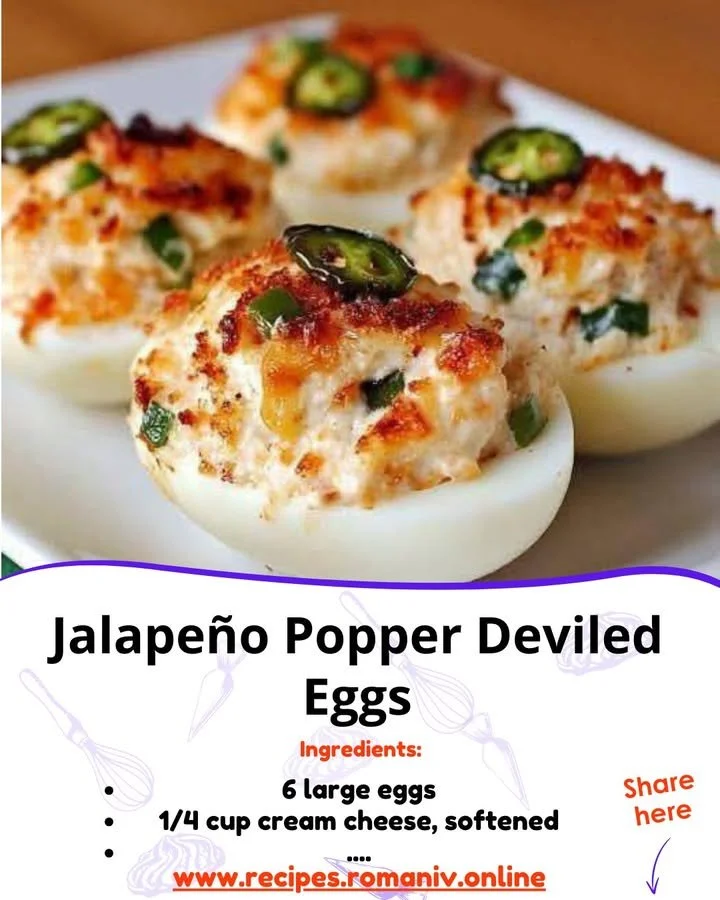 Jalapeño popper deviled eggs topped with crispy bacon and fresh jalapeños