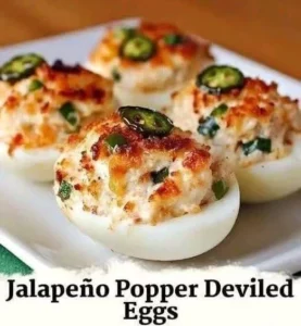 Delicious jalapeño popper deviled eggs topped with jalapeños and bacon