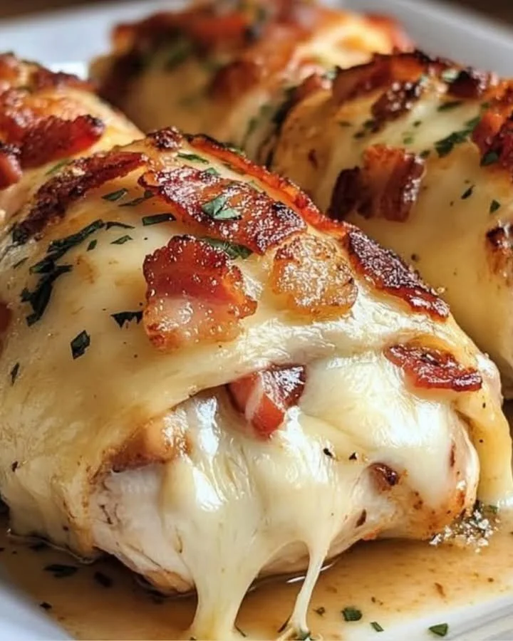 Juicy stuffed chicken breast filled with crispy bacon and melty cheese