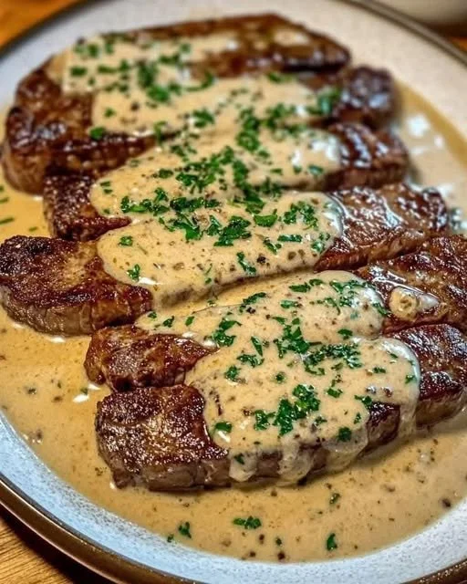 Juicy steak topped with creamy garlic sauce on a plate
