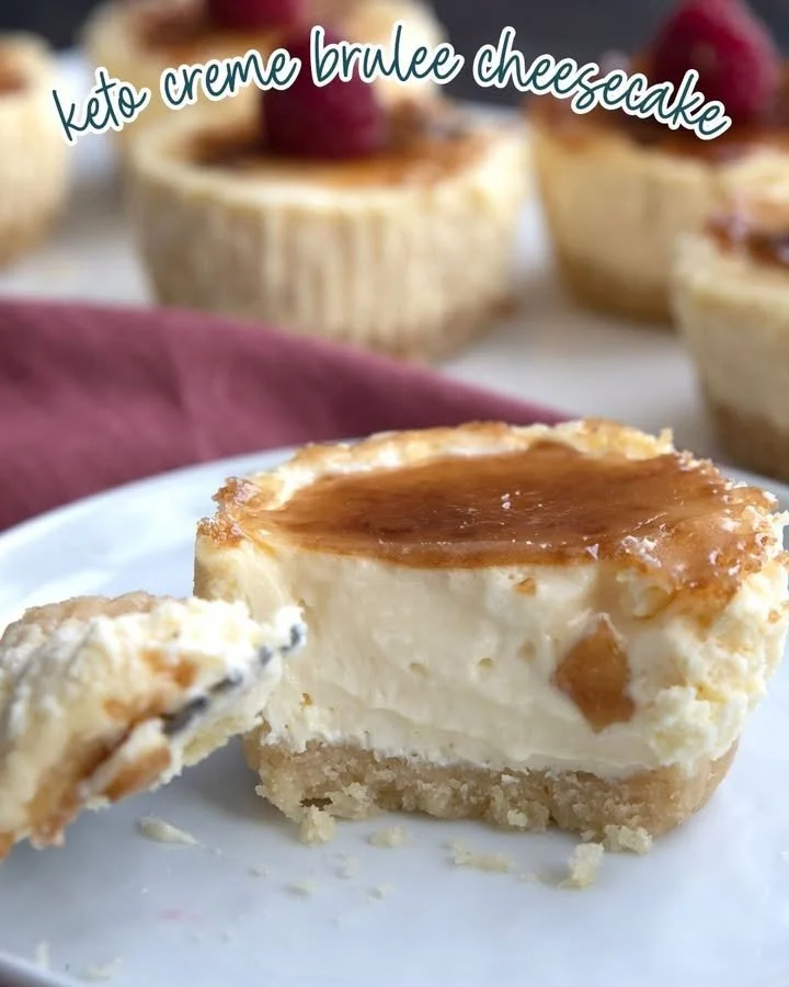 Delicious Keto Crème Brûlée Cheesecake topped with caramelized sugar crust